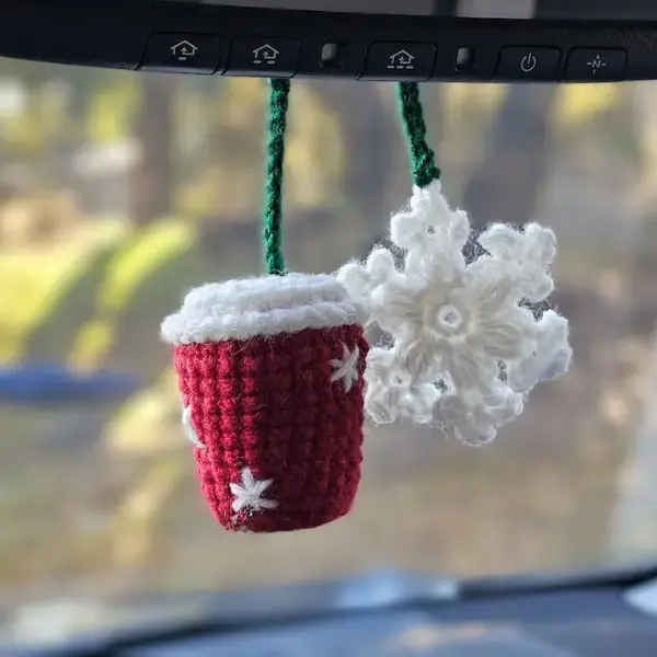 Crochet Holiday Coffee And Snowflake Car Hanger, Christmas Ornament, Key Chain (Handmade goods will be made by hand, so production time will be a little longer)