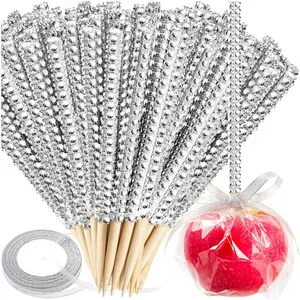 Silver Candy Apple Sticks, 26 Pcs Bling Caramel Apple Wooden Pointed Skewers, Fruit Treats Cake Pop Decorative Sticks With Glass Bag, Glitter Ribbons Tie For Party Supplies
