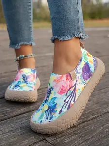 Women’s Floral Print Slip-On Sneakers, Casual Low-Top Footwear with Vibrant Watercolor Floral Uppers and Chunky Textured Soles for Everyday Wear, Walking and Errands