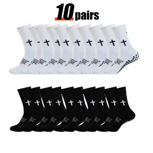 6 Pairs 10 Pairs Cross Grip Socks Non Slip Athletic Crew Socks With Silicone Dots Thickened Terry Sole Breathable Religious Sports Socks For Soccer Basketball Yoga Men Women Black White