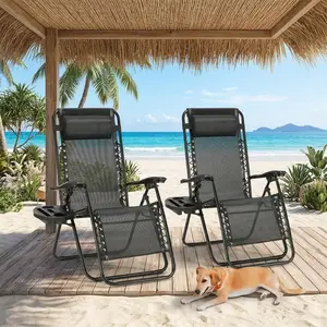 Folding Zero Gravity Chaise Lounge Set of 2, Outdoor Adjustable Recliner Chair for Sun Tanning, Ergonomic Design with Pillow & Cup Holder, Sturdy Steel Frame Breathable Mesh, Ideal for Poolside Backyard Garden Beach