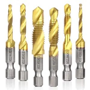 Valkynos 6-Pack Titanium Plated Drill Tap Set, M3-M10 Hex Shank Hss Screw Thread, Metric Compound Tap Drill Bits for Metal Drilling
