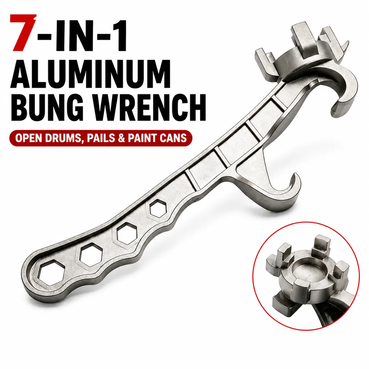7-in-1 Metal Aluminum Bung Wrench - Heavy Duty Drum & Bucket Opener with Ergonomic Lever Design, Drum Opening Tool for 5–55 Gal Barrels, Non-Sparking Multi-Size Cap Remover, Built-In Hanging Hole, Compact for Garages, Industrial Settings