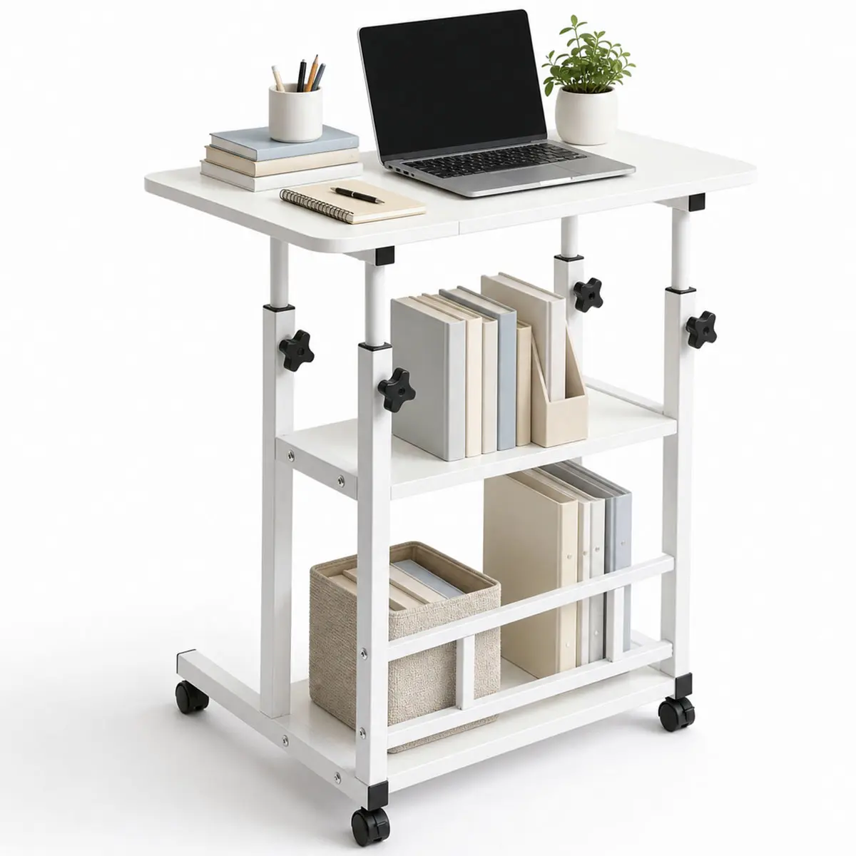 3-Tier Adjustable Height Rolling Side Table with 360° Rotation Wheels - Mobile Laptop Desk, Portable Storage End Table for Bedroom, Living Room