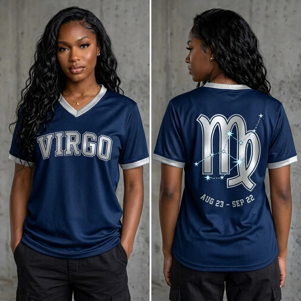 Women’s Soccer Jersey T-Shirt 12 Zodiac Signs, Navy Blue V-Neck Breathable Sports Tee. Athletic Shirt With Silver Constellation Graphics, Unisex Astrology Birthday Gift. Graphic Shirt Featuring Zodiac Signs: Aries, Taurus, Gemini, Cancer, Leo, Virgo,...