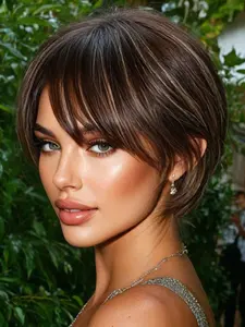 Brown wig Slightly asymmetrical, straight tube hairstyle Synthetic high-temperature resistant fibers Adjustable rose net cap Smooth and shiny hair texture Suitable for daily wear / gift for ladies / party gatherings - 8 inches