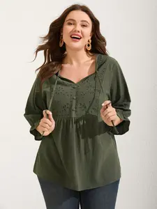 BloomChic Women's Plus Size Broderie Anglaise Bohemian Blouse - Army Green, Notched Collar, Tie Knot Lantern Long Sleeves, Fitted 100% Smooth Cotton Aegean Fabric Clothes, Casual Shirts, M-6X, 2026 Summer Pick