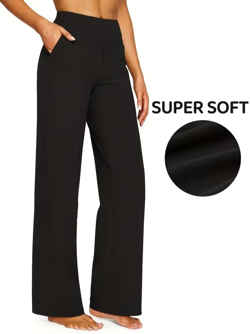 Women's high-waisted tummy control drape wide-leg pants; soft skin-friendly yoga sports pants with pockets; commuting casual straight-leg pants