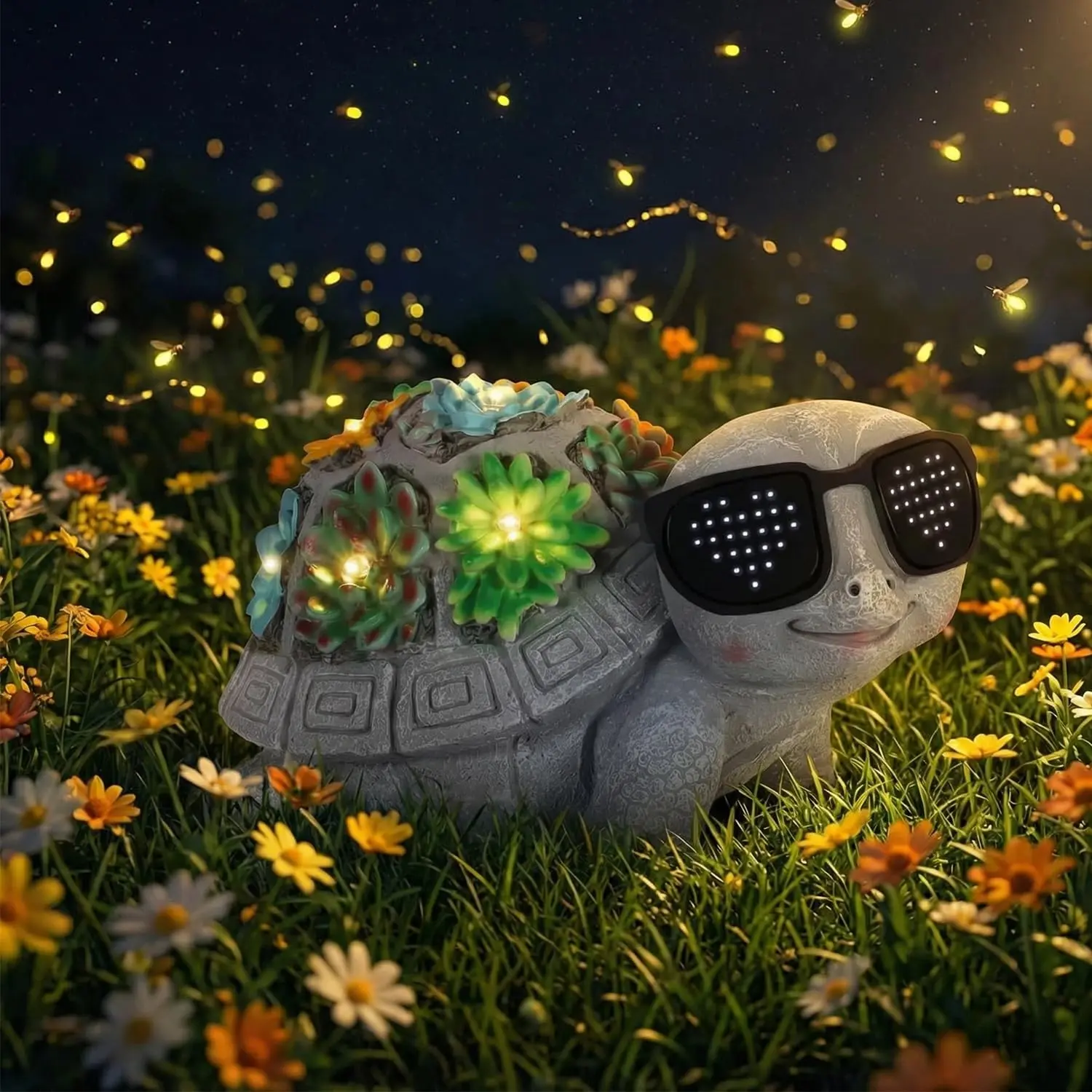 Sunglasses Turtle Statue Solar Lights, A turtle with a succulent on its back，solar-powered outdoor decoration Light perfect for patios, backyards, and lawns. Unique birthday gift for women, moms, and grandmothers, Mother’s Day or Father’s Day gift.