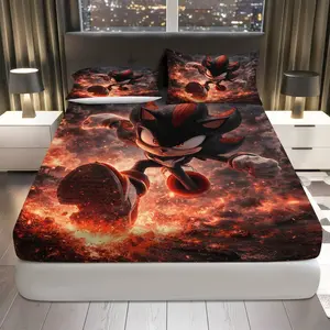 3Pcs Fiery Animated Adventure Fitted Sheet Three Piece Set (1*Fitted Sheet+2*Pillowcases, Coreless), Gaming theme, Cool Character Bedding Set, Bed Sheets Set, Mattress protector Soft, Breathable