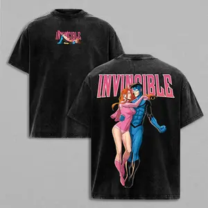 Invincible Mark and Atom Eve Graphic T-Shirt Washed Oversized T-Shirt, Vintage Style Superhero Shirt with Retro Comic Tee Vibes, Couple Character Design for Comic Lover, Casual Streetwear Fit Top for Men and Women