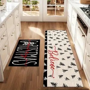 2Pcs Christmas And New Year Printed Kitchen Rug Black Christmas Tree Mat Set Farmhouse Kitchen Carpet Restaurant Floor Laundry Room Decoration Carpet Mat