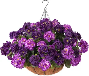 Geraniums Artificial Flowers Hanging Basket for Outdoors Outside Spring Decoration, 8 Bundles Silk Flowers Fake Plants Look Real UV Resistant for Porch Home Patio Balcony Yard, Double Purple