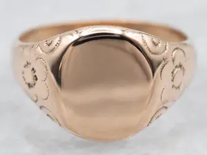 Antique Rose Gold Signet Ring with Floral Shoulders