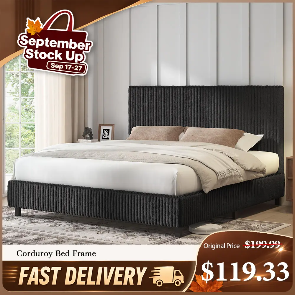 AMERLIFE Bed Frame Full Size - Elegant Corduroy Upholstered Bed Frames for Bedroom Decor, 3.5" Gap-Free Fully Padded Headboard, 2" Padded Rails, Low Profile Metal Slats, No Box Spring Needed, All-Around Foam Padding Feels Plush, Flush Finish