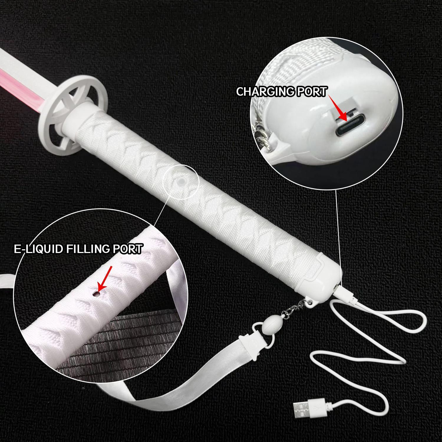 Bleach Cosplay Prop: Rukia's Sode no Shirayuki. Includes scabbard, USB rechargeable LED lights, wooden blade with smoke vents, providing both light and smoke special effects.