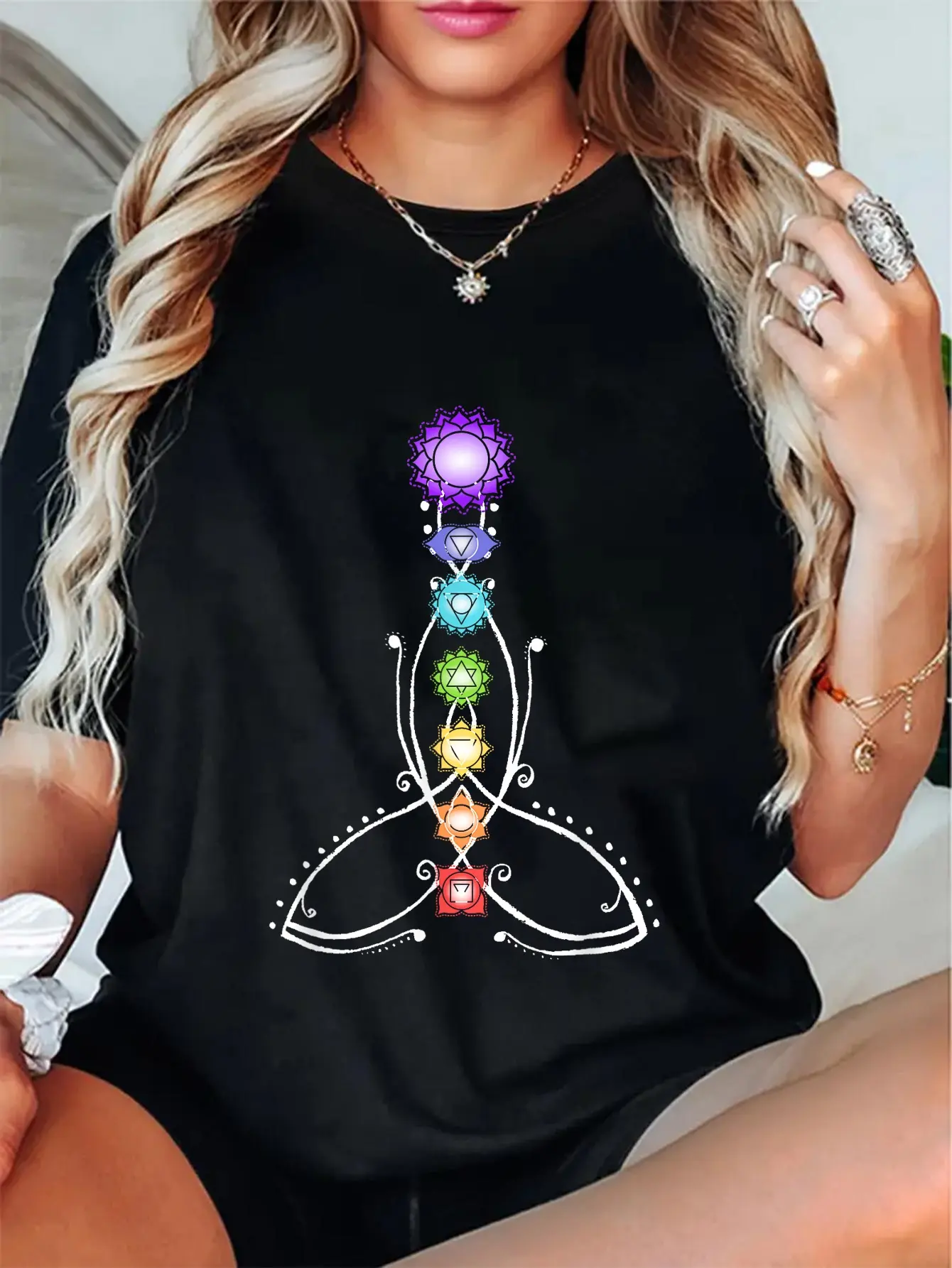 Chakra Graphic T-Shirt for Women - Casual 100% Cotton Short Sleeve Spiritual Top for Yoga and Everyday Wear, Shortsleeve, Tops, Vintage