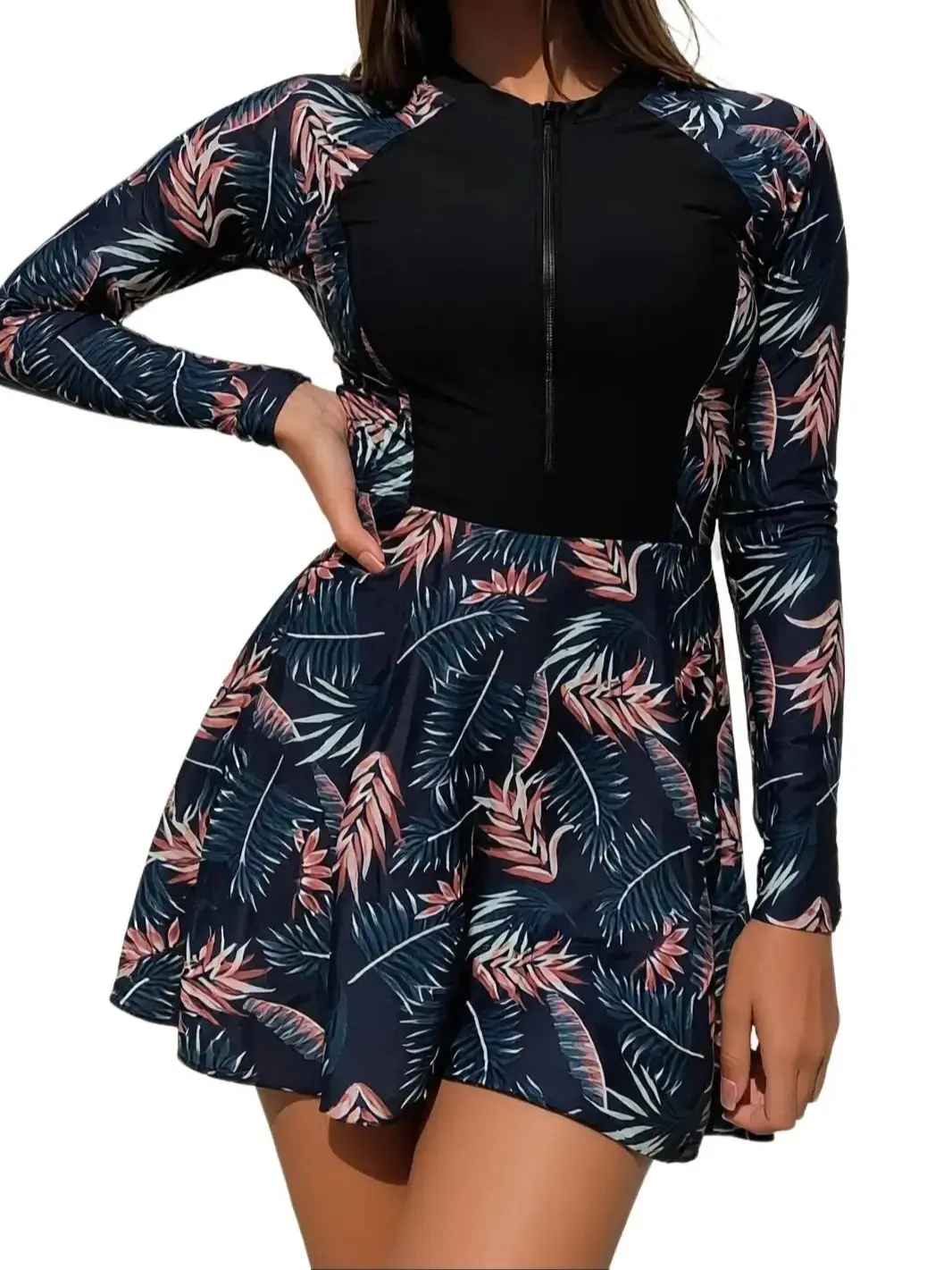 Navy Tropical Leaf Print Long Sleeve Zipper Swim Dress, Quick Dry Tummy Control Modest Slim Fit Rash Guard One-Piece Swimsuit for Women Beach & Surfing