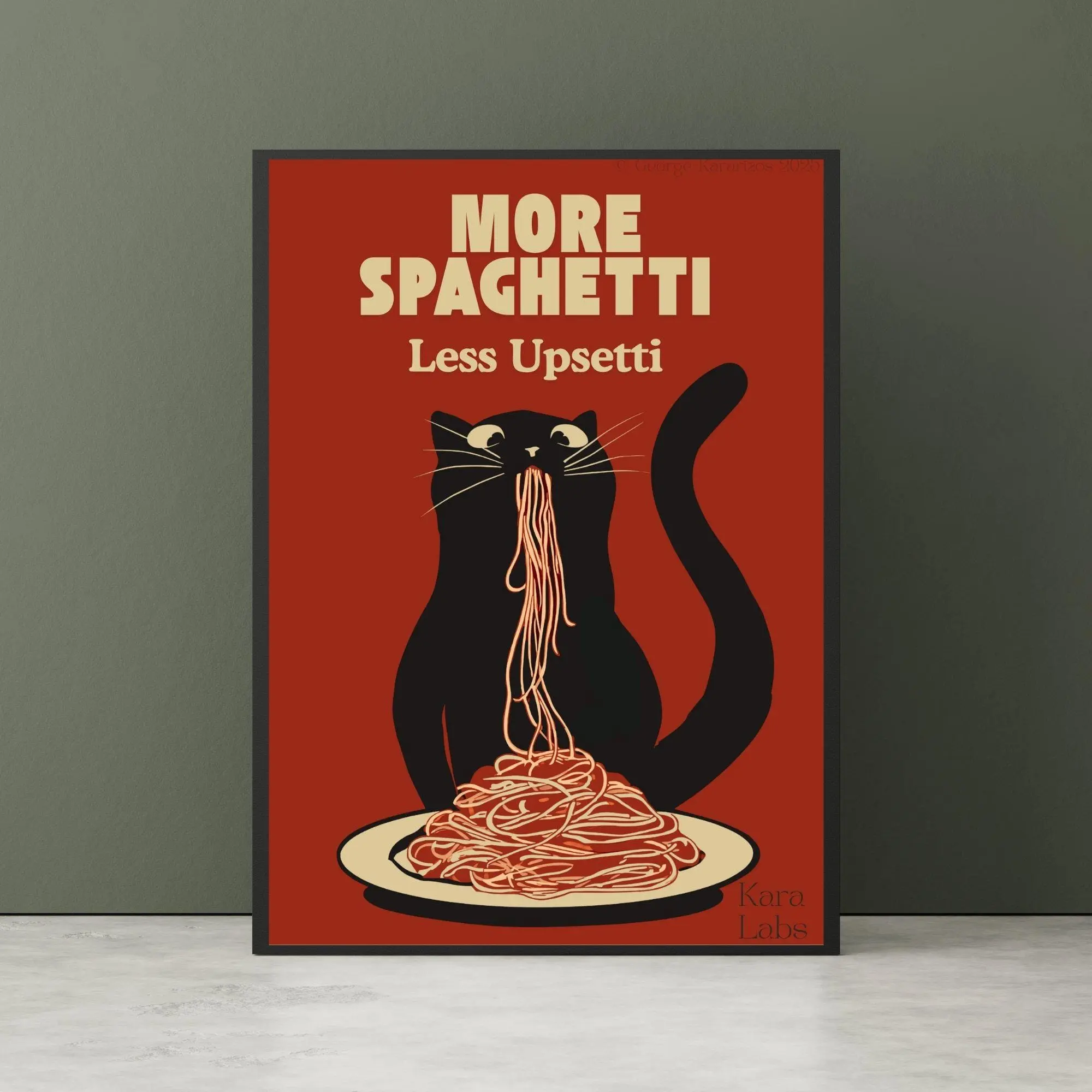 Hungry Cat Spaghetti Print, Humorous Poster, Funny Wall Art for Kitchen