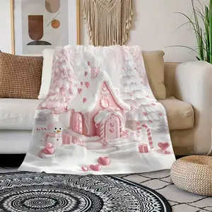 Cozy Christmas Pink Gingerbread House Throw Blanket Reversible Super Soft Flannel Fleece Cartoon Snowman Tree Design, All-Season Multipurpose Digital Print Polyester Ideal For Bed Couch Home Decor Xmas Gifts Halloween Christmas Gift Blanket