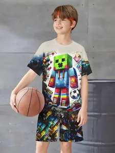 Minecraft Creepers Boys Short Sleeve Set, Summer Children Basketball Training Casual T-Shirt Shorts Two-Piece Set, Fitted Random Print