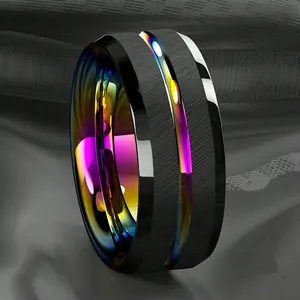 1pc, 8mm Stainless Steel Ring with Rainbow Color Groove for Men, Brushed Dark Wedding Ring