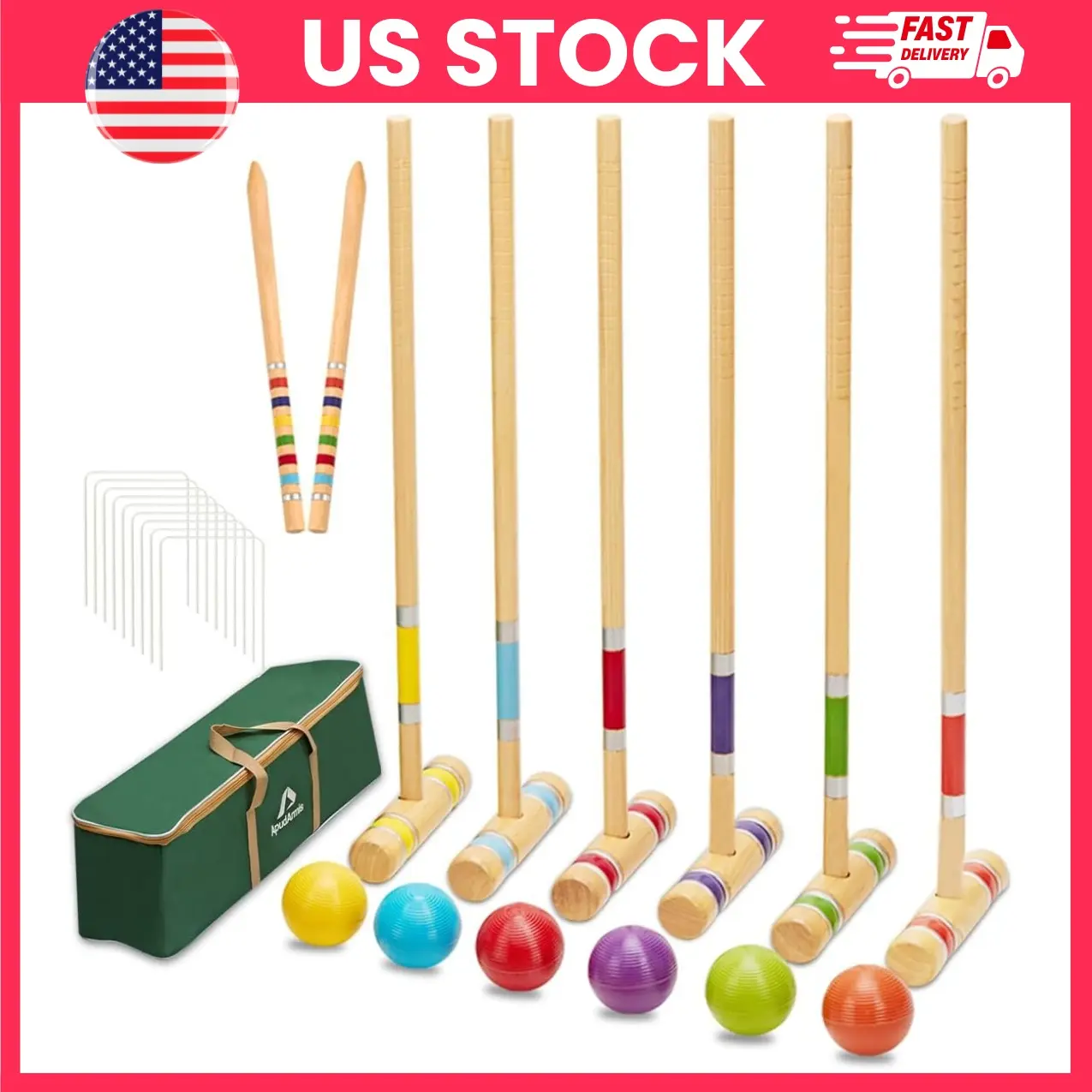 6 Player Croquet Set with Premium Wooden Mallets, Colored Balls, Steel Wickets, Stakes & Large Carry Bag, Outdoor Lawn Backyard Garden Family Game Set for Adults & Kids | party games,yard games,adult outdoor games,kids lawn games,summer games
