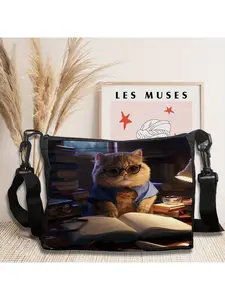 Scottish pleated cat wearing glasses printed shoulder bag, daily messenger bag, cute small bag, perfect for play and leisure activities 6.17
