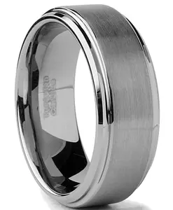 Tungsten Men's Wedding Band 8MM Brushed Finish High-Polish Silvertone Comfort-Fit Beveled Edges Tungsten Men's Wedding Band 8MM Brushed Finish High-Polish Silvertone Comfort-Fit Beveled Edges
