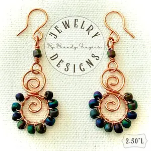 Jewelry Designs By Brandy Frazier Double Swirl Earrings 2.50"L Copper Wire Wrapped with Beads