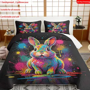 3pcs, 2D flat print Vibrant Graffiti Rabbit Quilted Bedspread Set multiple sizes available, bedding set, festive decorative bedding, ideal for bedroom décor(1 bedspread , 2 pillowcase)