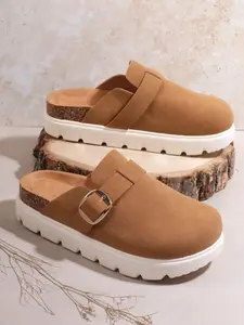 Clogs for Women Suede Soft Leather Clogs Classic Cork Clog Antislip Slippers Waterproof Mules House Sandals Buckle Comfort