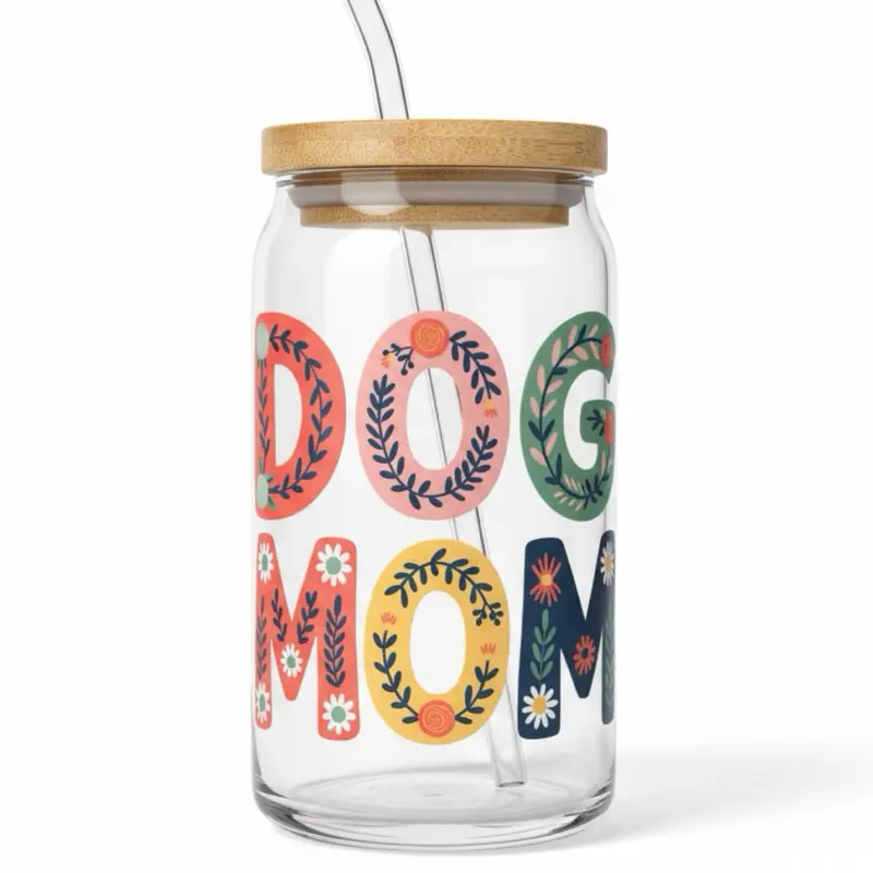 Dog Mom Cat Mom 16oz Glass Cup with Lid and Straw - Perfect for Drinks - Tumblers, Drinkware,  Mug, Bottles, Dog Mama, Cat Mama pet lover gifts