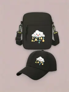 2pcs Happy Rain Cloud with Falling Raindrops Print, Unisex Baseball Cap & Crossbody Bag, Men's and Women's Fashion Street Suit, Unisex Sportswear, Unique Gift Ideas, Adjustable Polyester, Casual Outdoor Sports Accessories