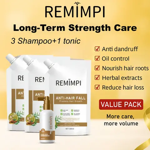 REMIMPI Long-Term Haircare Set - 3 Anti-Hair Loss Cleanser Shampoos, 1 Ginseng Oil Growth Tonic, Gentle Herbal Strength & Regrowth System (300ml x 3 + 50ml), Beauty Products, Scalp Care, Adults, Dermatologist, Herbal Blend,back to school