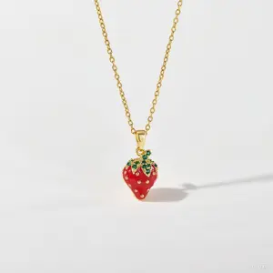Women's Fashion Trendy Strawberry Cute Necklace Gold Plated Amulet Jewelry Gift Accessory for Parties and Everyday Wear