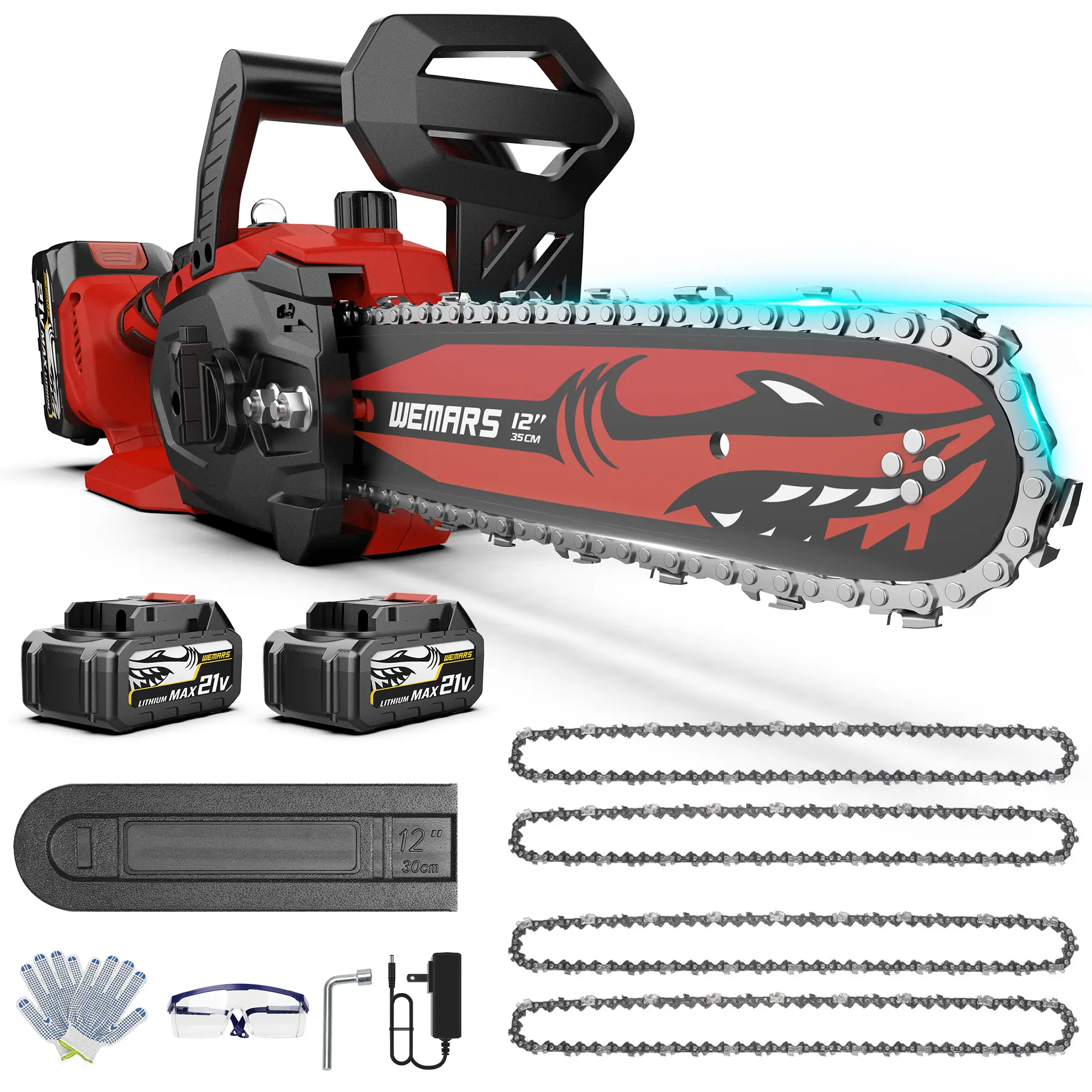 12" Cordless Chainsaw, 21V Brushless Electric Chain Saw with 2 Batteries, Tool-Less Chain Tension, Auto-Oiling, Lightweight 5.95lbs for Tree Trimming & Wood Cutting