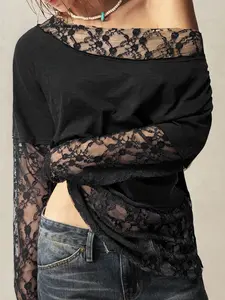Chic  Off-Shoulder Sheer Lace Blouse - Long Sleeve Oversized Mesh Top Shirts for Daily Casual Party Outfitsy