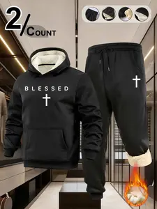 Men's 2-Piece Fleece-Lined "BLESSED" Cross Faith-Themed Tracksuit, Black Warm Sherpa-Lined Hoodie & Pants Set, Featuring Coordinated Cross + "BLESSED" Design, Ideal for Daily Casual & Faith Gatherings, Streetwear Tracksuit Set