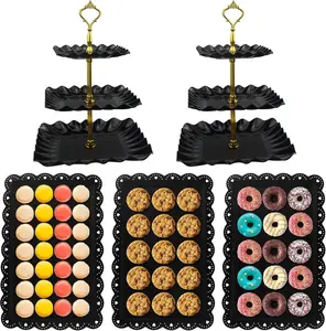 5 count Cupcake Stand Set, Dessert Table Display Set with 2xSquare 3-Tier Cake Stands Holder + 3X Appetizer Trays Suitable for Birthday Wedding  Party  Shower (Black, Wave Square)
