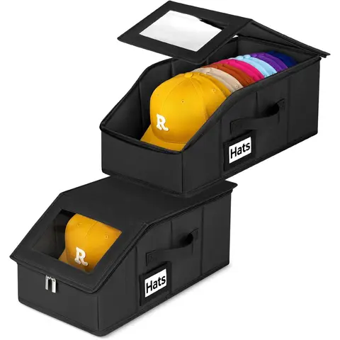 2 Pack Stackable Hat Storage for Baseball Caps, Holds 28 Caps - Closet Organizer Box with Clear Window & Cardboard,Sturdy Snapback Hat Boxes for Storage (dark, 2)