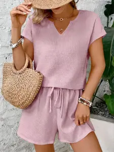 New Plain V-Neck Short Sleeve Shorts Set, Women's Casual Sportswear Yoga Gym Outfits, Loose-Fitting Above The Knee, Comfortable Daily Wear, Womenswear, Summer Activewear, Summer Sports Clothes, Summer Athletic Wear, Sporty Set