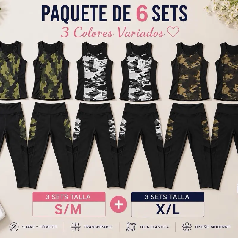 Women’s Activewear Set – Pack of 6 | Sleeveless Tank Top & Leggings | 3 Assorted Camo Colors | 3 S/M & 3 L/XL | Soft, Stretchy & Breathable Set Deportivo para Mujer – Paquete de 6 Sets | 3 S/M + 3 L/XL | 3 Colores Variados