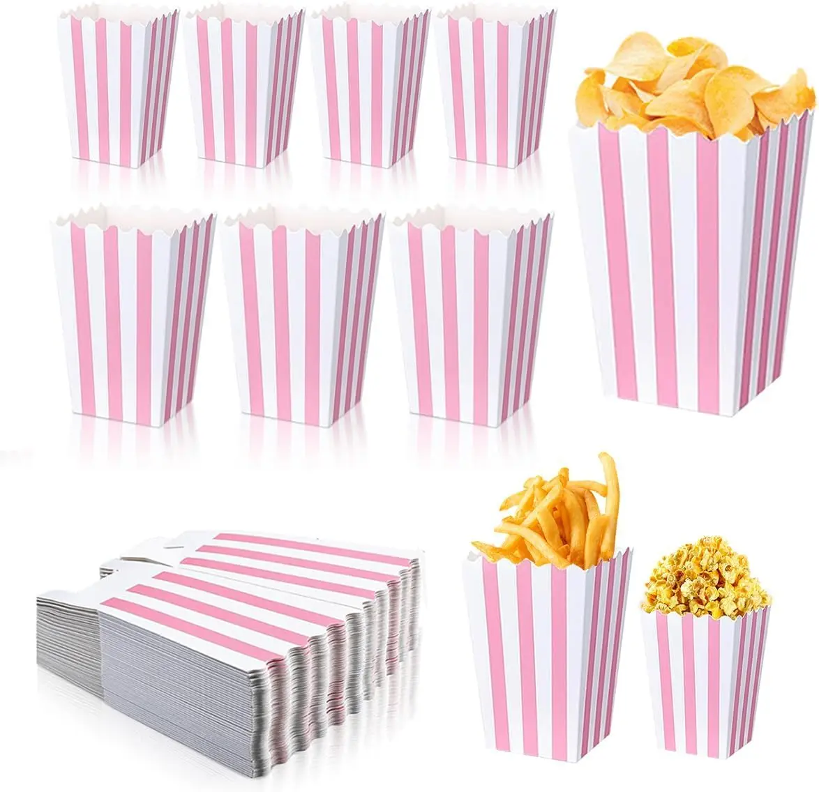 40 count Paper Pink Popcorn Boxes, Pink Popcorn Bags with White Striped, Popcorn Boxes for Party, Popcorn Holders for Party Birthday Favor Supplies.(40 boxes small)
