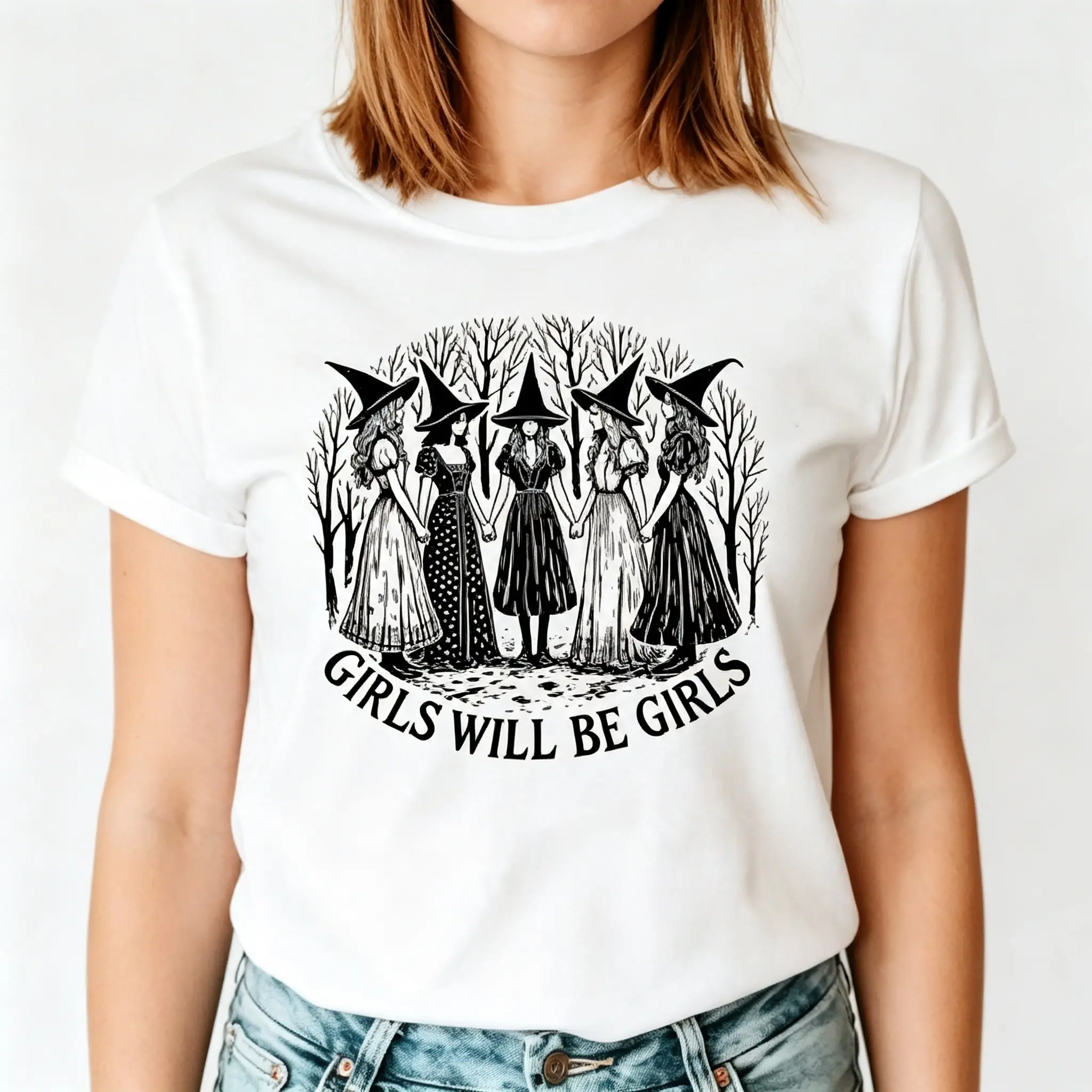 Women's Girls Will Be Girls Witch Coven Graphic T-Shirt, Vintage Line Art Five Sisters Forest Print Soft Cotton Crew Neck Tee, Casual Short Sleeve Top for Halloween Party Daily Wear, Halloween Christmas Gift