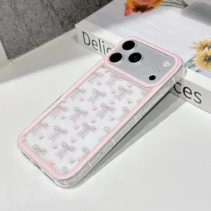 1 piece, Korean style Instagram pink bow heart-shaped transparent phone case, suitable for iPhone 17/16/15/14/13/12/11 Promax series, lens protection, luxurious texture, niche girlish heart, sweet girl gift, all inclusive anti fall soft cover