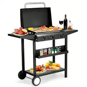 3-Burner Flat Top Gas Griddle Cooking Station With Ceramic Coated Cast Iron Pan, 30,000 BTU Propane Fuelled Griddle Station With Side Shelves & Spice Rack For Outdoor Barbecue Backyard Cookout Black