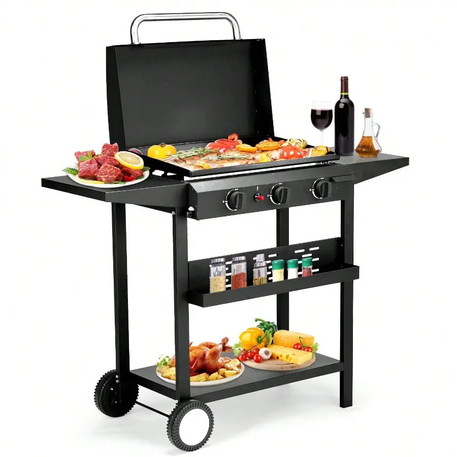 3-Burner Flat Top Gas Griddle Cooking Station With Ceramic Coated Cast Iron Pan, 30,000 BTU Propane Fuelled Griddle Station With Side Shelves & Spice Rack For Outdoor Barbecue Backyard Cookout Black