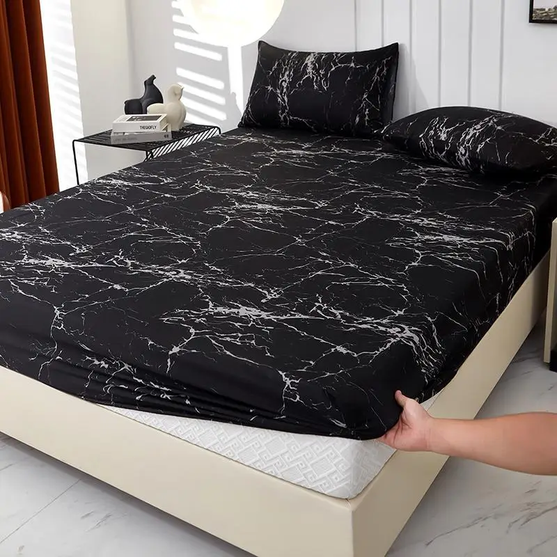 Marble Print Bedding Set, Including 1 Count Fitted Sheet & 2 Counts Pillowcase without Pillow Filler, Bedroom Accessories, Summer Essentials