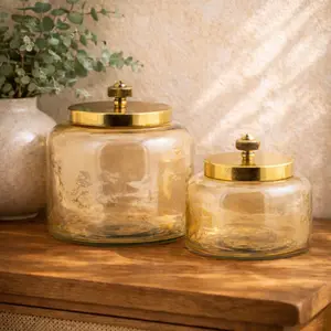 CosmoLiving by Cosmopolitan Set of 2 Gold Glass Living Room Decorative Jars with Metal Lids